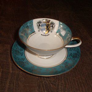Handarbeit bone china teacup saucer set cup blue crest shield
